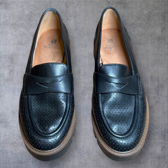 White Mountain Loafer Gunner Lug Sole Platform Black Leather Chunky Shoes 8 Wide - Picture 2 of 8